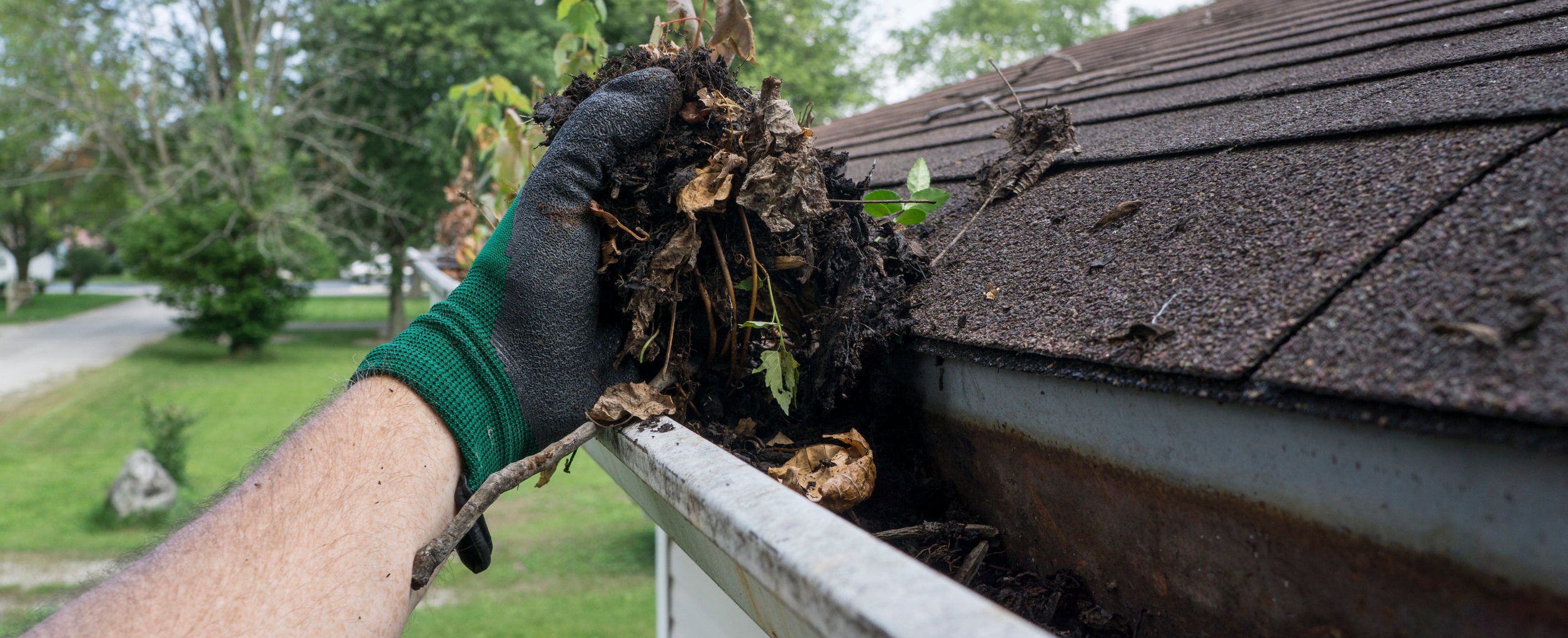 Man cleaning leaves and debris from residential gutter